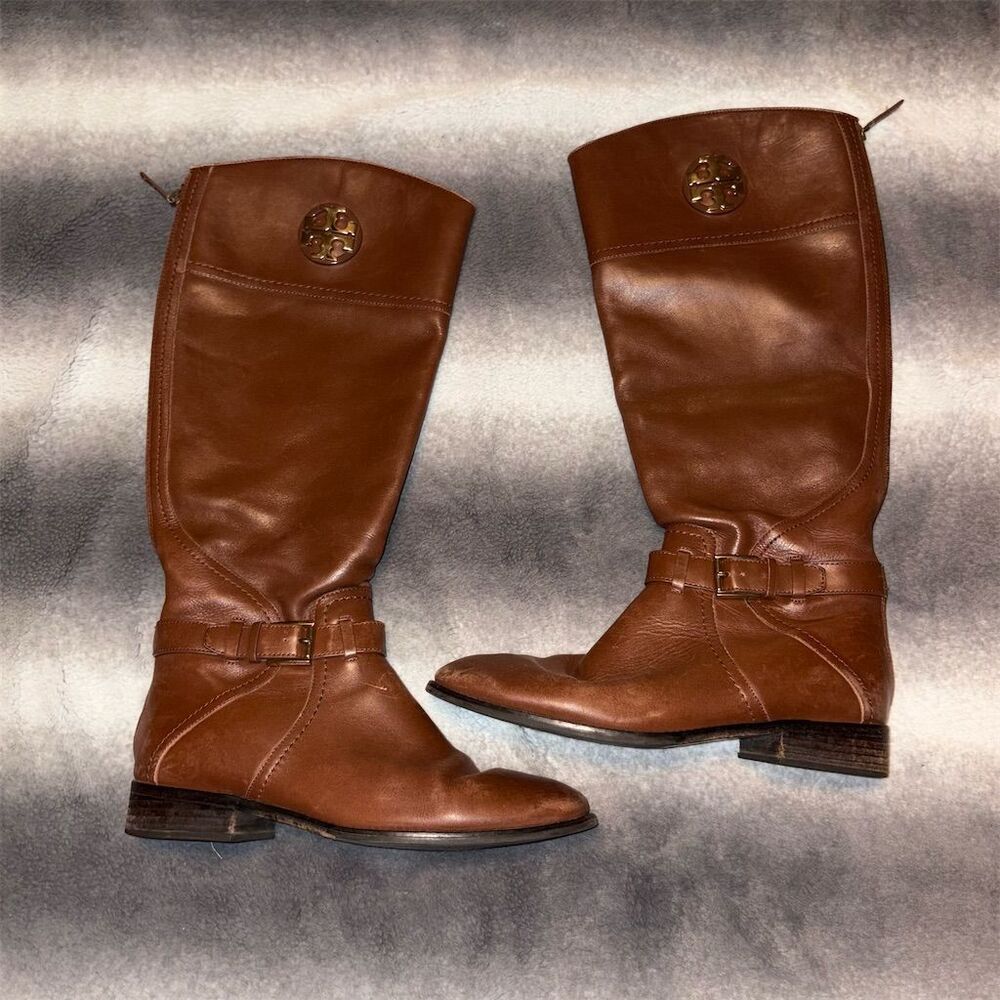Tory Burch Women's Adeline Brown Leather Knee High Riding Boots Back Zip Closure - Picture 2 of 9
